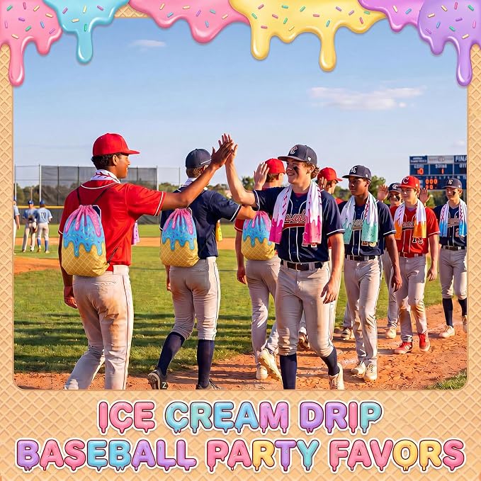 Peryiter 24 Pcs Ice Cream Drip Baseball Party Favors 12 Cooling Towels 12 Drip Drawstring Bags Bulk Sport Gifts for Teams Summer Camping Yoga Running Supplies, Chilly and Absorbent(Innovative)