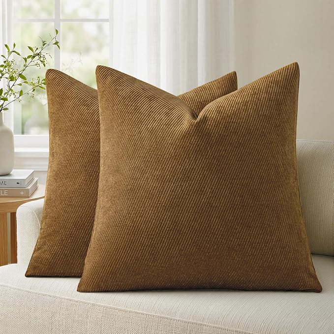 Fall Decorative Throw Pillow Covers Pack of 2,22x22 Inch Warm Brown | Twill Chenille Cushion Covers for Sofa Living Room Couch Bed