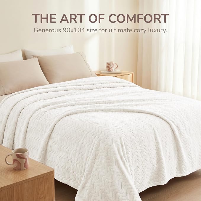 Exclusivo Mezcla Soft Fleece Blanket Twin Size for Bed, Sofa, Ivory | 90"x66" Breathable Lightweight Flannel Blanket for Summer, Plush Cozy Jacquard Wave for Home Decor