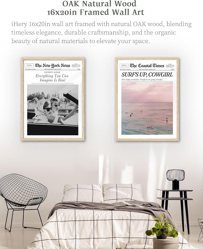 iHery 16x20in Surf’s Up Cowgirl Framed Newspaper Wall Art | Natural OAK Wood Frame with Canvas Print, Coastal Cowgirl Decor for Bedroom, Dorm, Living Room and Bar Cart, 1Pack