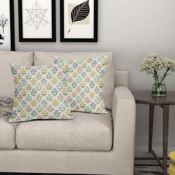 Spring Floral Easter Block Print Pillow Covers 24x24 Inch Set of 2, Pink Yellow Blue Purple Flower Holiday Decorative Throw Pillowcases Outdoor Farmhouse Cushion Covers Sofa Couch Bed Decor