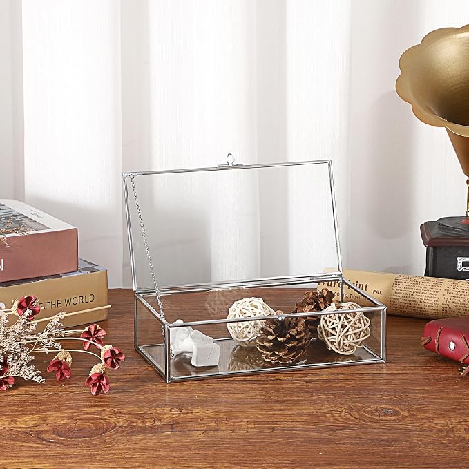 Hipiwe Glass Keepsake Display Box Large Clear Jewelry Lidded Boxes with Lid | Decorative Glass Boxes Rectangle Display Organizer for Trinket Perfume Collection - Gift for Birthday Anniversaries