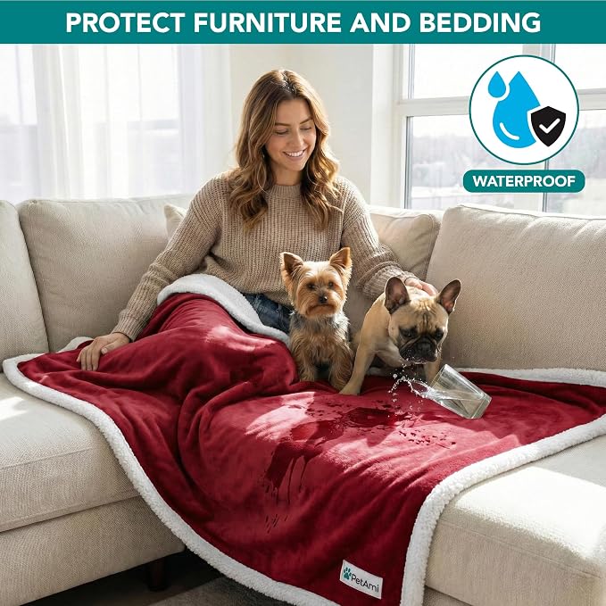 PetAmi Waterproof Dog Blanket for Medium Large Dog Pet, 60x40, Wine Red | 460 GSM Sherpa Fleece Reversible, Pee Proof Cat Blanket, Furniture Protector Cover for Couch Bed Sofa Kennel, Washable, Large