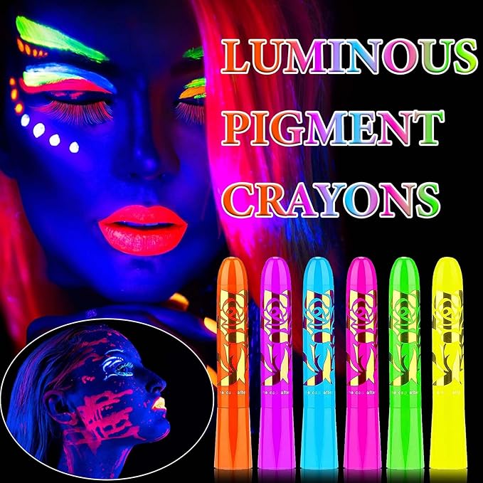 6 PCS Glow in The Dark Face Body Paint Crayons Kit,Professional Neon Face Paint Sticks Long Lasting Waterproof Glow in The Dark Party Supplies for Masquerades Halloween Party Makeup