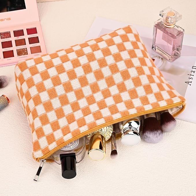 SOIDRAM 2 Pieces Makeup Bag Large Checkered Cosmetic Bag Capacity Canvas Mix Travel Toiletry Bag Organizer Cute Makeup Brushes Aesthetic Accessories Storage Bag for Women, Yellow checkered