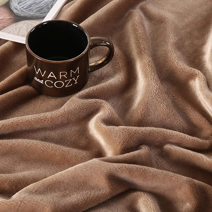 TASTHROW Large Flannel Fleece Throw Blanket, 60×80 Inch - Light Coffee | Cozy Lightweight Thick Blanket - All Seasons Suitable for Women, Men and Kids