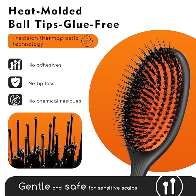 Eagle Fortress Boar Bristle Hair Brush for Women, Detangler Brush for Wet, Dry & Damaged Hair with Long Pins for Thick & Long Hair - Boar Black