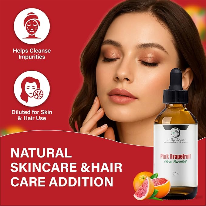 Pink Grapefruit Essential Oil Cold Pressed Citrus Paradisi Peel Oil Fresh Citrus Aroma Top Note Essential Oil for Aromatherapy Diffuser Skincare Haircare and Natural DIY Cosmetic Blends - 2 Fl oz