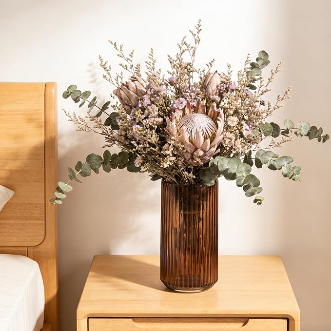 Flower Vase 7.5 inch Amber Thickened Hand Blow Glass Vase Round Vintage Striped Bottles for Bookshelf,Dinner Table,Indoor Office Desktop,Meeting Room,Bathroom,Countertop,Home