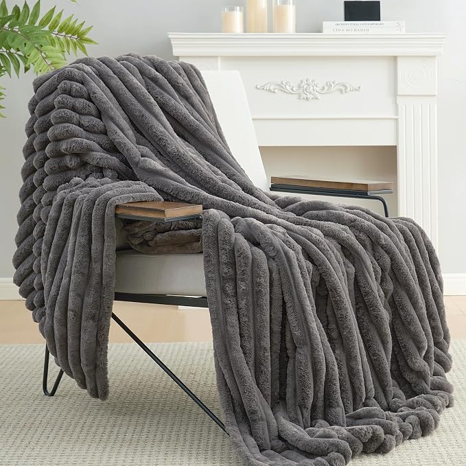 Faux Fur Throw Blanket for Couch, Cozy Fuzzy Fluffy Fur Luxurious Soft Striped Plush Gift Blankets for Family Sofa Chair Bedroom, 60"x80", Charcoal Grey