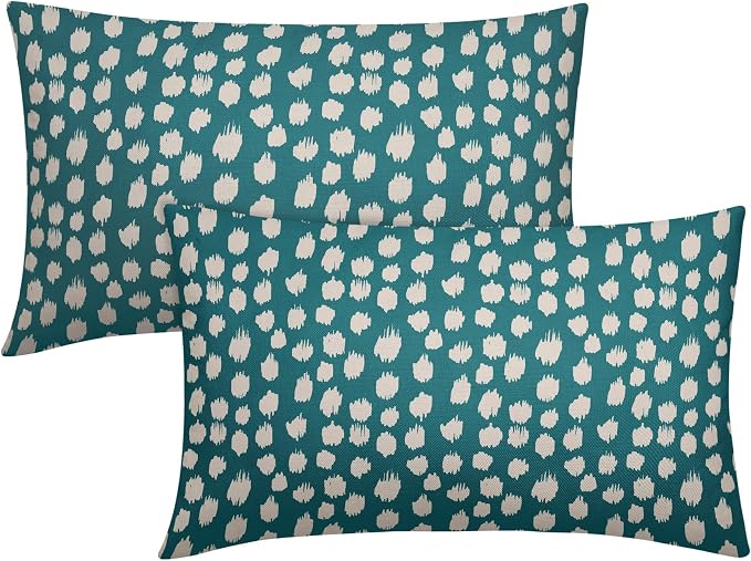 Sweetshow Teal Cream Dots Lumbar Pillow Covers 12x20 Set of 2 Boho Design Polka Dot Print Throw Pillows Modern Outdoor Decorative Pillowcase Rectangle Linen Cushion Cases Decor for Sofa Couch Bed