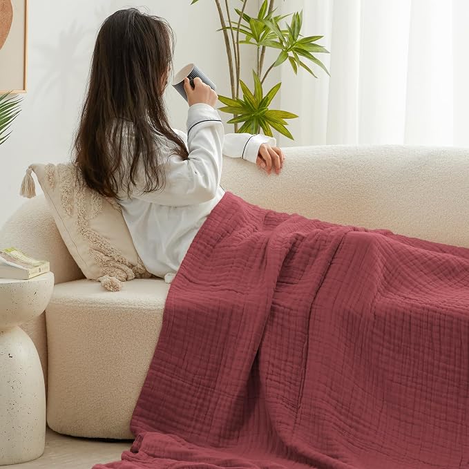 Love's cabin 100% Cotton Muslin Blanket, 6 Layer Lightweight Breathable Gauze Queen Size Blanket 90 x 90 Inches, Soft All Season Blanket for Bed, Wine Red