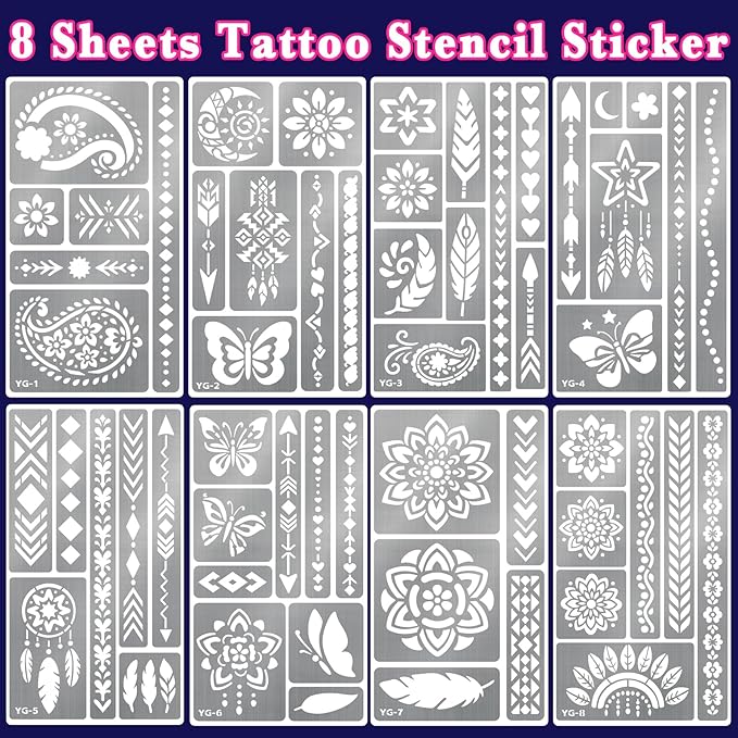 Temporary Tattoo Markers for Skin, 4PCS UV Neon Body Markers + 8 Sheets Temporary Tattoo Stencil for Kids Adult, Flexible Brush Tip, Glow in the Dark Cosmetic Tattoo Pen, DIY Body Art Set