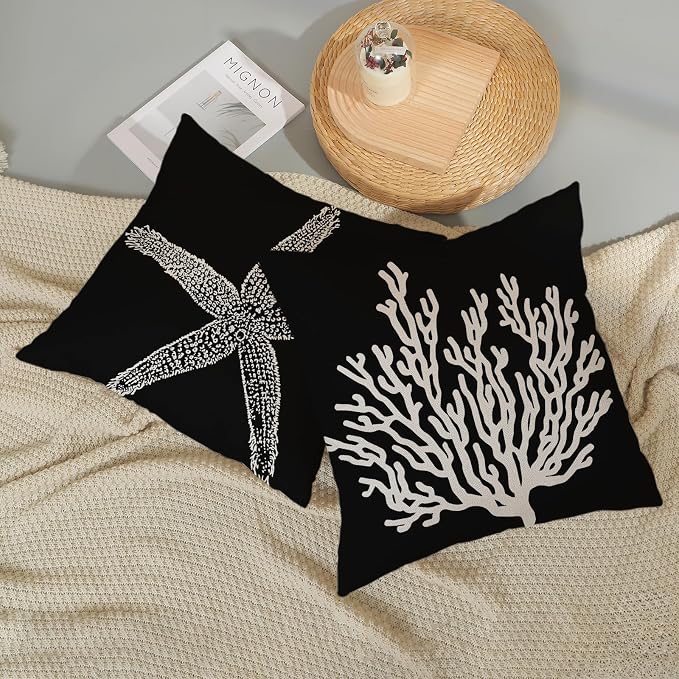 Coastal Pillow Covers 18x18 Set of 2 Black Starfish Throw Pillows Nautical Ocean Decorations Summer Beach Coral Pillowcase Outdoor Decor Linen Farmhouse Square Cushion Case for Sofa Bedroom