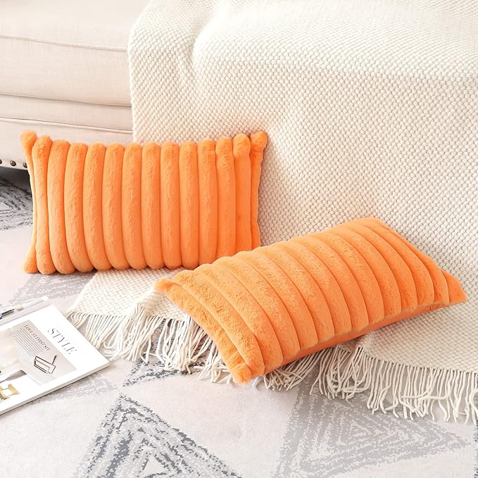 Soleebee Set of 2 Throw Pillow Covers Soft Cozy Velvet Pillowcase Faux Rabbit Fur Cover for Couch Sofa Bed Chair Home Decorative Pillows Cover (12x20 Inch, Orange)