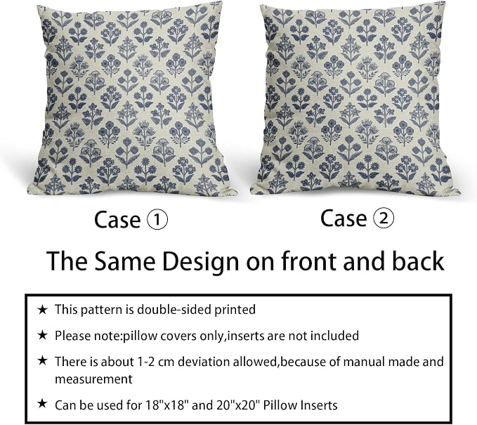 Dark Blue Floral Pillow Covers 20x20 Inch Set of 2, Vintage Flower Block Print Pattern Decorative Throw Pillowcases Outdoor Farmhouse Cushion Covers Spring Summer Rustic Sofa Couch Bed Decor