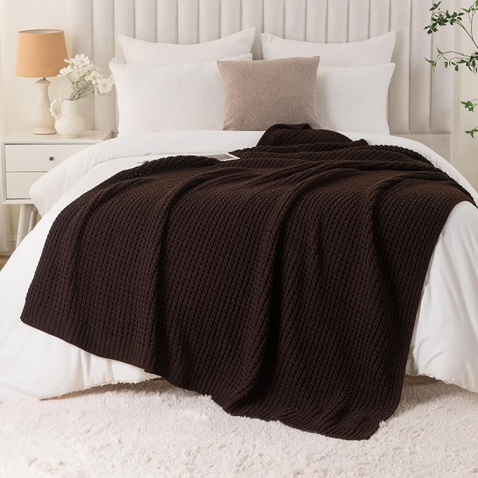 Brown Throw Blanket for Couch, Soft Chenille Knit Throw Blanket 60x80in | Chunky Waffle Knitted Blanket, Chocolate Brown Cable Knit Throw for Bed Sofa Living Room, Lightweight Warm Decorative Blanket