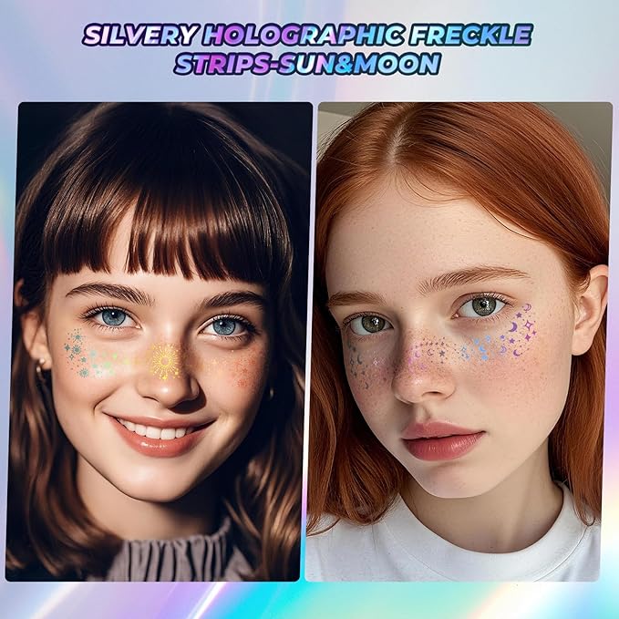 Holographic Glitter Freckles, Glitter Freckles Face Tattoo,Sparkle Makeup Patches,Face Glitter for Hallowmas Christmas,10pcs
