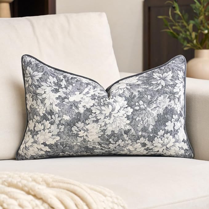 Alerfa Grey Neutral Floral Pillow Cover 12 x 20 Inch, Vintage Chenille Rectangle Couch Pillow Cover Soft Decorative Farmhouse Accent Pillowcase for Living Room Bedroom