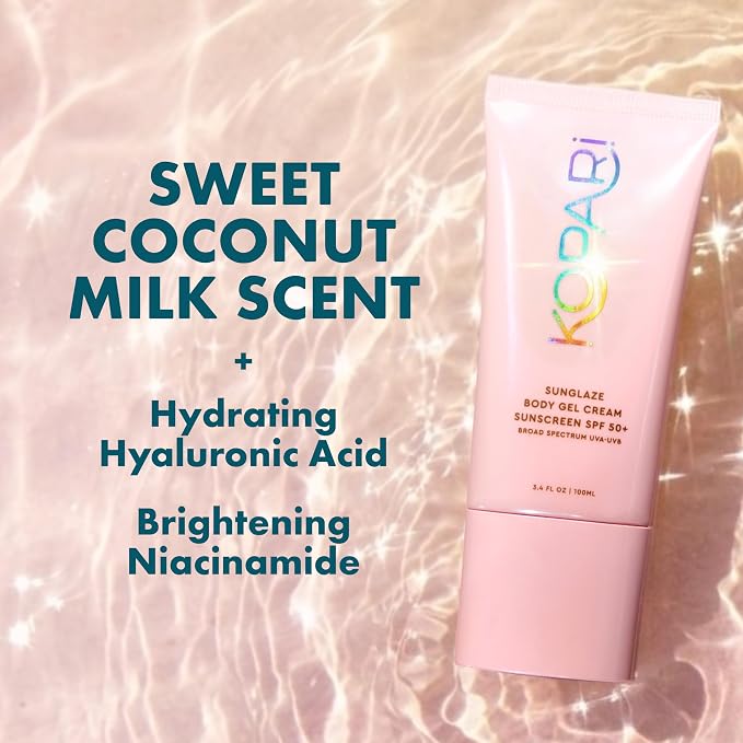 Kopari Sunglaze Body Gel Cream Sunscreen SPF 50+ | Broad-Spectrum Body Sunscreen with Hyaluronic Acid & Coconut Oil | Lightweight, Non-Greasy, Glowing Finish