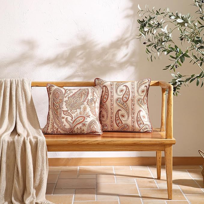 Vintage Linen Throw Pillow Cover,Set of 2,18"x18"-Chauffrey A | Designer Elegant Square Pillow Cover,Concealed Zipper Design,Cashew Pattern,Sofa,Bedroom,Living Room,Lounge Chairs