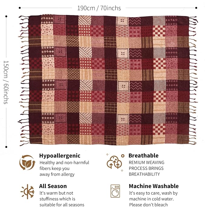 Boho Throw Blanket,Patchwork Large Blankets for Sofa Double Bed Armchair Couch,Weighted Soft Furniture Throws,Tassels Chenille Throws and Blankets for Bohemian Decor (86"*102")…