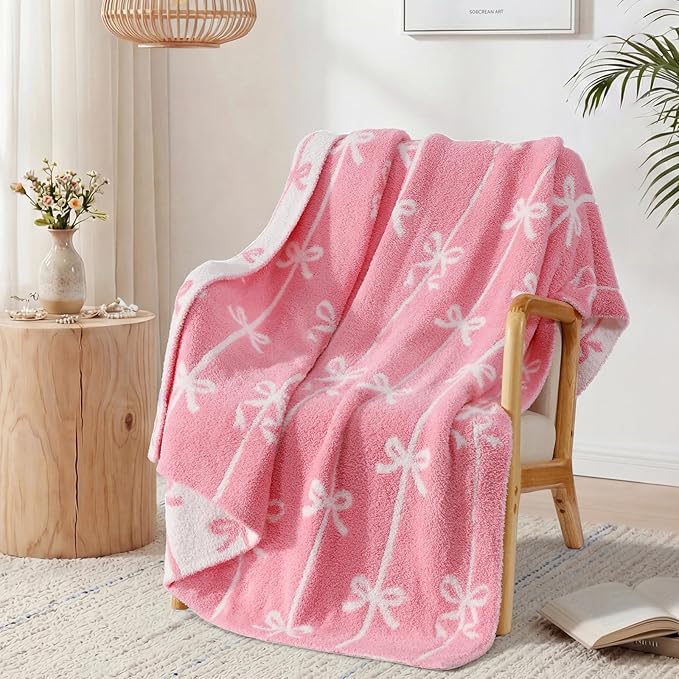 Soft Throw Blanket for Couch-Cozy Reversible Knitted Blankets | Lightweight Warm Fluffy Decor for Women, Mom, Her & Girls, Sofa, Chair, Bed, 50x60in, Pink Bow