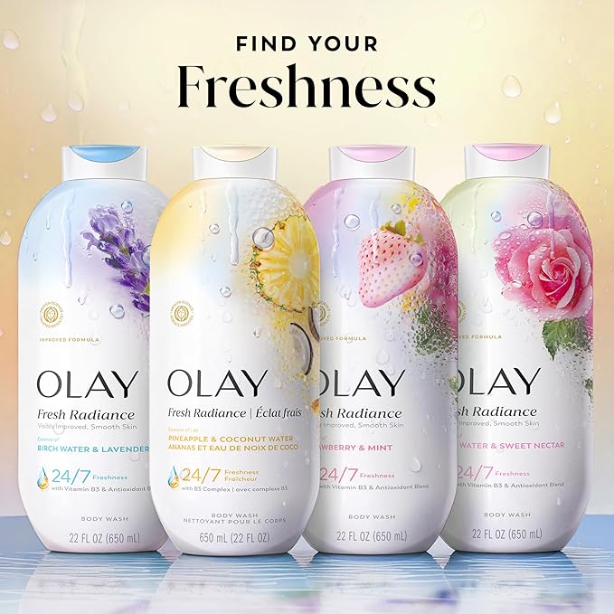 Olay Body Wash for Women, Fresh Radiance, 24/7 Skin-Loving Freshness, Visibly Radiant, Plant Based Cleansers, Vitamin B3 & Antioxidant Blend, All Skin Types, Pineapple & Coconut Water Scent, 22 fl oz
