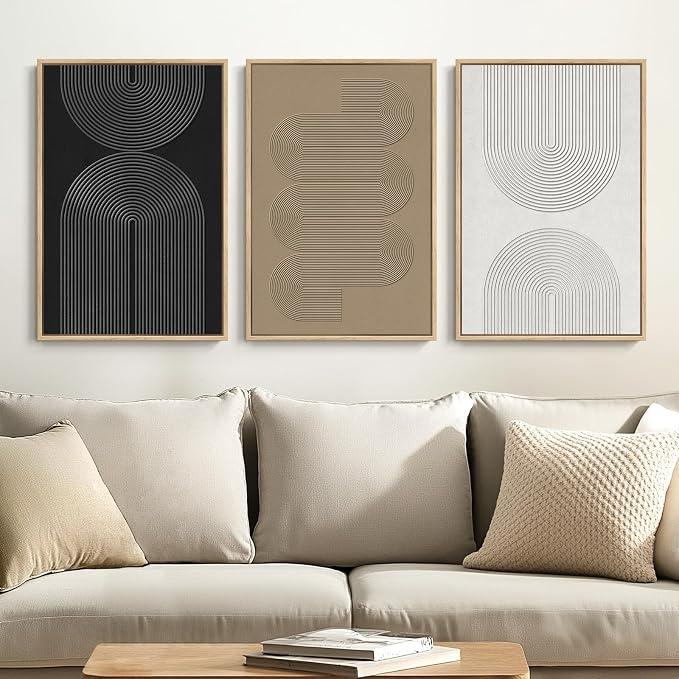 Framed Black and White Neutral Abstract Wall Art set, 3 Piece Cnavas Prints | Black White Brown Paintings, Modern Artwork for Walls, Minimalist Pictures, Living Room Bedroom Office Wall Decor 16x24 Inch