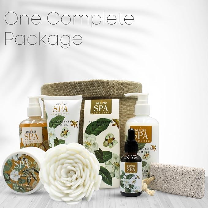 Mother’s Day Gift Baskets for Women- 9 Pcs Frankincense & Jasmine Scented Bath and Body Spa Self Care Kit, Relaxing Bath and Body Set, Home Spa Gifts for Her by Draizee