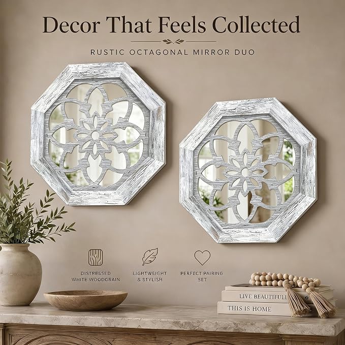 2 Pack 12 Inch Octagon Grey Rustic Wood Frame Acrylic Wall Mirrors, Farmhouse Boho Wall Art Decor for Living Room, Bedroom, Hallway, Entryway, Bathroom & Office