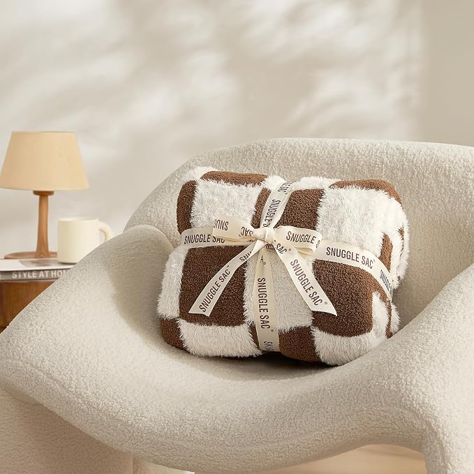 Snuggle Sac Brown Checkered Throw Blanket Faux Fur Microfiber Blankets for Couch,Cozy Soft Warm Blanket for Sofa Bedroom Living Room,Brown Checker,50x60 inches