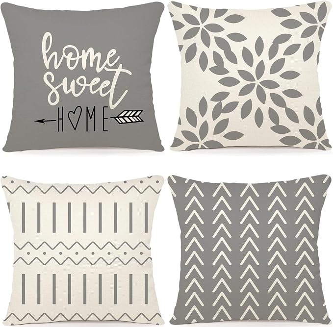 YCOLL Pillow Covers 18x18 Set of 4，Modern Sofa Throw Pillow Cover, Decorative Home Outdoor Linen Fabric Geometric Pillow Case for Couch Bed Car，Gray