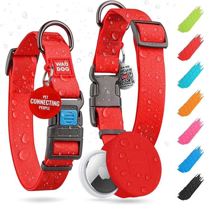 WAUDOG Waterproof Dog Collar - Adjustable Collar with Air Holder and QR Tag for Large, Small and Medium Breeds
