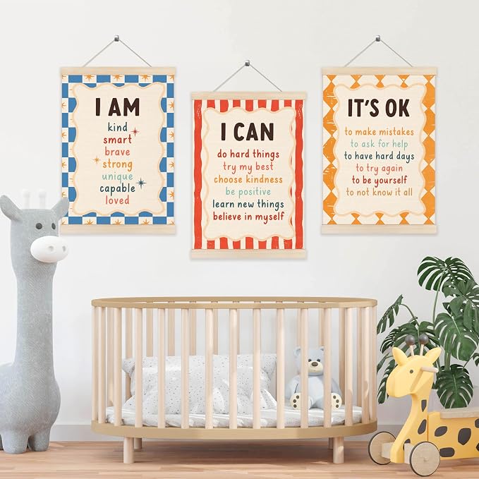 Koesus Inspirational Classroom Checkered Striped Wall Art Poster Hanger Frame 12x16 Inch Set of 3, Positive Affirmations for Kids, Motivational Canvas Pictures Prints Framed Wall Decor for Classroom Kids Room Playroom