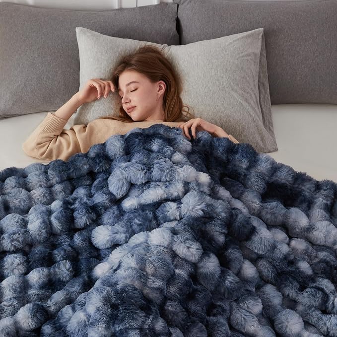 COOVA Faux Fur Throw Blanket for Couch, Cozy Soft and Fuzzy Plush Rabbit Fur Bubble Blanket for Sofa Bedroom Living Room, 50x60 Inches Tie Dye Light Blue