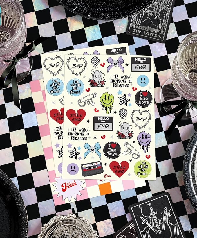 xo, Fetti Emo Temporary Tattoos - 54 Styles | Birthday Decorations, Grungy Accessory, Party Favors, Goth, Punk Rock, Dark Aesthetic, Sad Girl Accessories, Music Festival, Concert, Emo Night Supplies