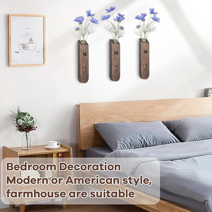 3 Pack Wood Planter Set, Boho Wall Decor for Living Room, Modern Farmhouse Entryway or Bathroom Decor, Wooden Vase Aesthetic Art for Wall Decorations