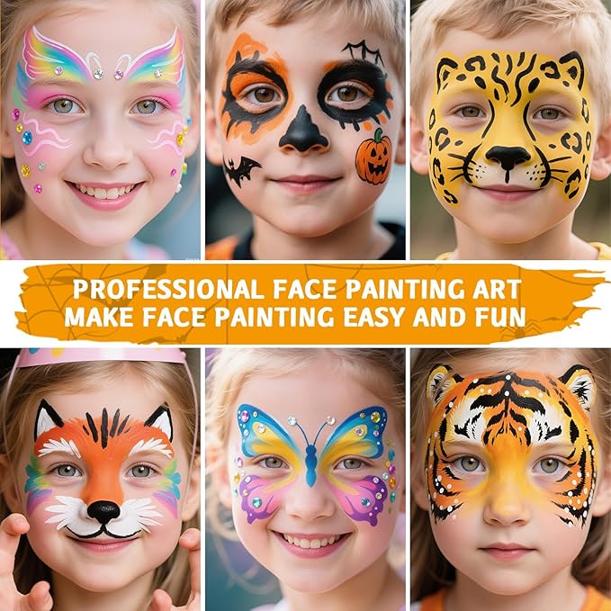 Face Painting kit for Kids Aldult, 42 Colors Non Toxic Face Paint with 16 Face Paint Crayons, 6 Reusable Face Painting Stencils, 60 Sticky Stencils for Kids, 4 Stickers, for Parties, Halloween