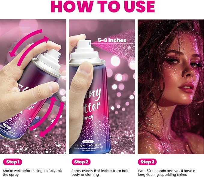 Body Glitter Spray Holographic Glitter Spray for Hair and Body, Quick-Drying Sparkle Highlighter Powder for Festival Concert Prom Rave (4.22 Fl Oz, Pink)