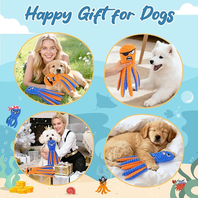 Zeaxuie Interactive Dog Toys for Chewers, 2 Pack No Stuffing Dog Toys for Teething, Squeaky Chew Toy to Keep Them Busy for Small and Medium Breed, Crinkle Octopus