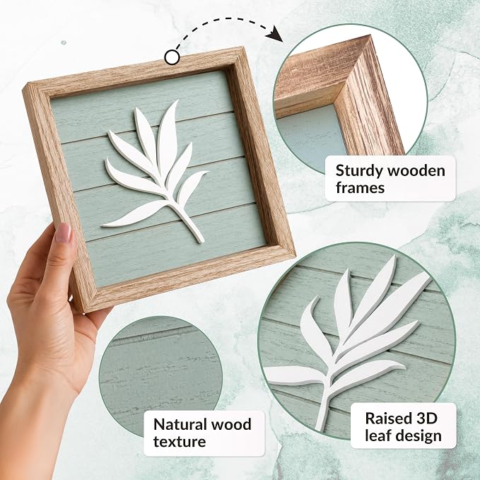 Tide and Tales 3d Sage Green Framed Wall Art, Set of 4, Bathroom Decor | 7" x 7", Lightweight Wood, Bathroom Wall Decor, Botanical Leaf Pictures for Bedroom, Office or Living Room, Hardware Included
