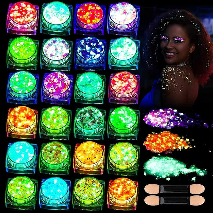 Teenitor 24 Colors Glow in The Dark Body Glitter Face Glitter Gel for Halloween, Hair Glitter for Kids Rave Accessories, Chunky Glitter Face Glitter for Women Makeup in Festivals Party