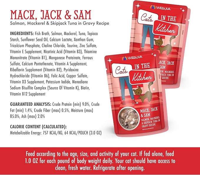 Weruva Cats in the Kitchen Mack, Jack & Sam with Mackerel, Skipjack & Salmon in Gravy Cat Food, 3oz Pouch (Pack of 12)