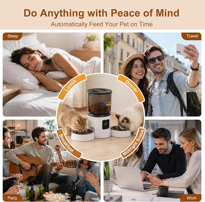 Automatic Cat Feeder for 2 Cats 4L Timed Dry Food Dispenser WiFi 9 Meals Programmable 1-15 Portion Per Day with APP Control Double Bowl Dual Power Supply with 2 Stainless Bowl for Multi-Pet Easy Clean