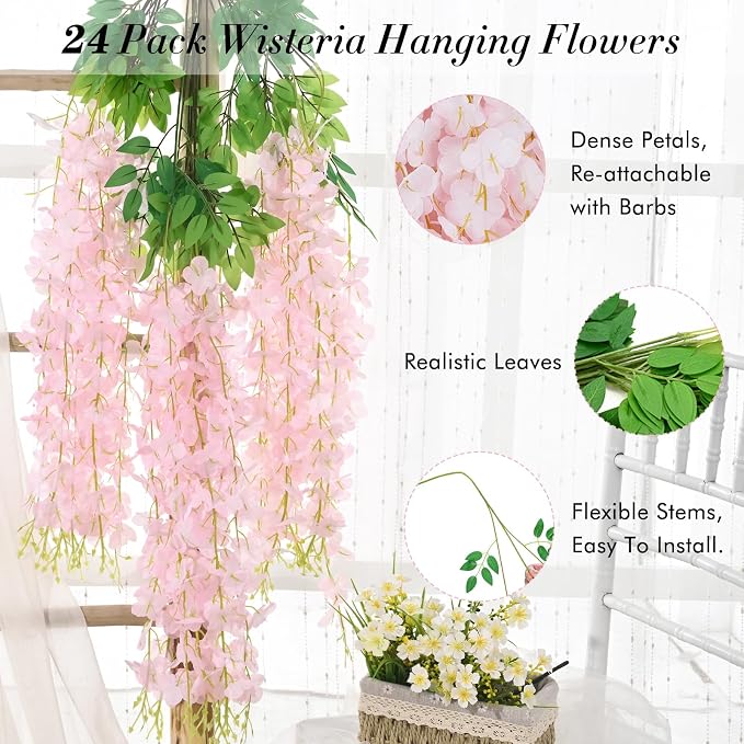 24 Pack Light Pink Wisteria Hanging Flowers, 3.6 Feet/Pcs Wisteria Artificial Flowers, Fake Wisteria Flowers Garland, Hanging Wisteria Vines for Bedroom Wedding Home Party Wall Decoration