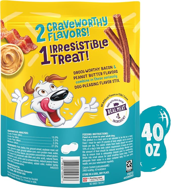 Purina Beggin' Flavor Stix Dog Treats, 40 oz Pouch | With Bacon & Peanut Butter Flavor, real meat dog chews, no artificial colors