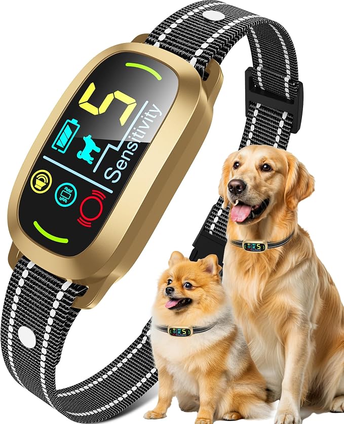 Bark Collar for Small Medium Large Dogs with 5 Training Modes, Gold | AI Bark Recognition, Effective Anti Barking Device with 5 Sensitivity Levels, Rechargeable IP67 Waterproof Anti Bark Collar