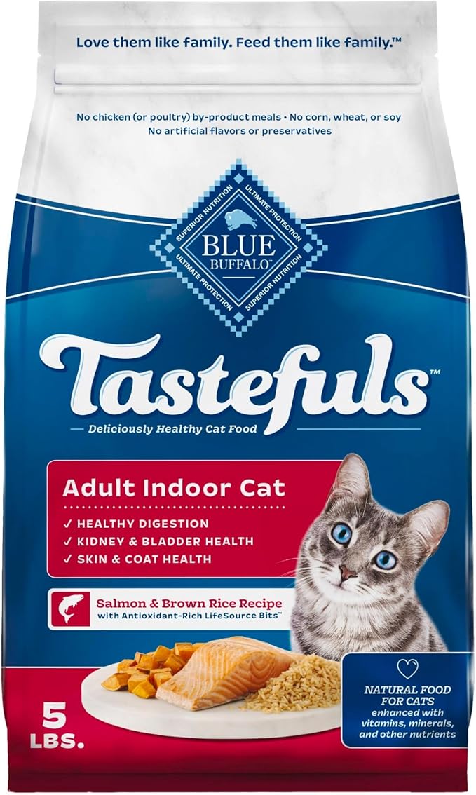 Blue Buffalo Tastefuls Salmon Adult Indoor Dry Cat Food, 5 lb | Salmon & Brown Rice Recipe, Antioxidant-Rich LifeSource Bits, No Corn, Wheat, or Soy