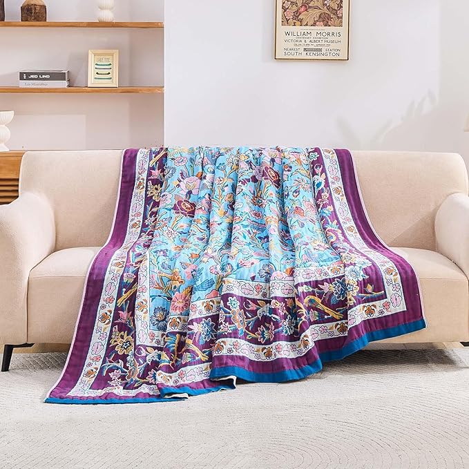 XIBLC Fall Blanket for Bed, 100% Cotton Soft Rustic Boho Throw Blanket Quilt, 80"x90" Farmhouse Decor Bed Flower Blankets, Light Weight Reversible Bohemian Throw Quilt